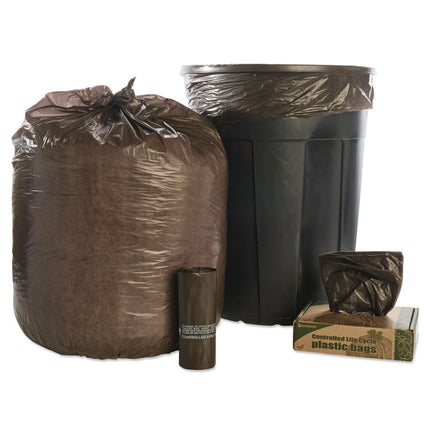 Controlled Life-Cycle Plastic Trash Bags, 39 Gal, 1.1 Mil, 33" X 44", Brown, 40/box