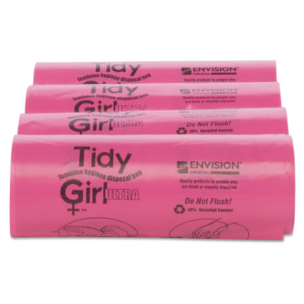 Feminine Hygiene Sanitary Disposal Bags, 4" x 4" x 10", Pink/Black, 150 Bags/Roll, 4 Rolls/Carton