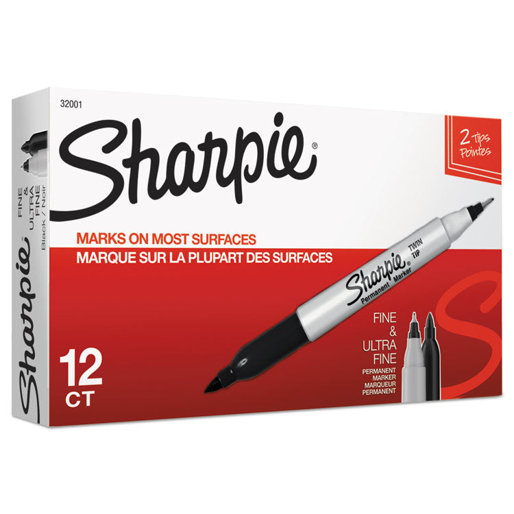 Twin-Tip Permanent Marker, Extra-Fine/fine Bullet Tips, Black, Dozen