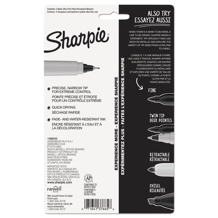 Ultra Fine Tip Permanent Marker, Ultra-Fine Needle Tip, Black, 5/Pack