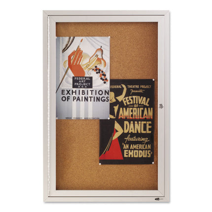 Enclosed Indoor Cork Bulletin Board with One Hinged Door, 24" x 36", Tan Surface, Satin Aluminum Frame