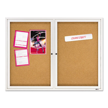 Enclosed Indoor Cork Bulletin Board with Two Hinged Doors, 48" x 36", Tan Surface, Satin Aluminum Frame