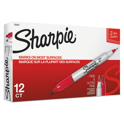 Twin-Tip Permanent Marker, Extra-Fine/fine Bullet Tips, Red, Dozen