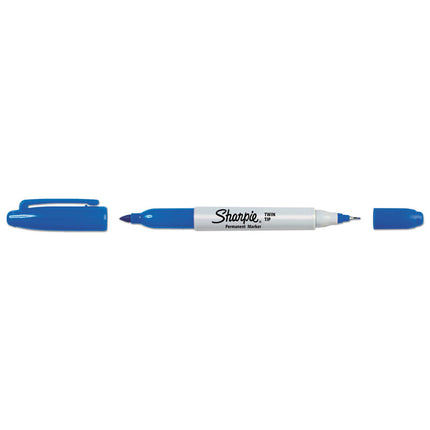 Twin-Tip Permanent Marker, Extra-Fine/fine Bullet Tips, Blue, Dozen