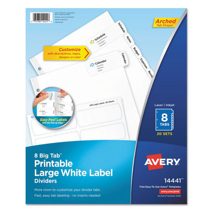 Big Tab Printable Large White Label Tab Dividers, 8-Tab, 11 x 8.5, White, 20 Sets