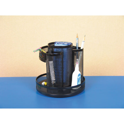 Metal Mesh Rotating Desktop Organizer, 8 Compartments, Metal Mesh, 6.5" Diameter x 6.13"h, Black