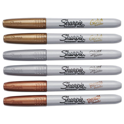 Metallic Fine Point Permanent Markers, Fine Bullet Tip, Gold-Silver-Bronze, 6/pack