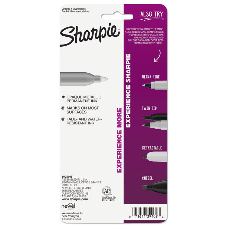 Metallic Fine Point Permanent Markers, Fine Bullet Tip, Metallic Silver, 4/pack