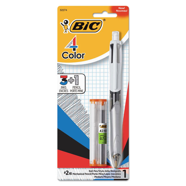 4-Color 3 + 1 Ballpoint Pen/Pencil, Retractable, Medium 1 mm Pen/0.7 mm Pencil, Black/Blue/Red Ink, Gray/White Barrel