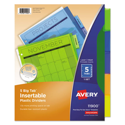 Insertable Big Tab Plastic Dividers, 5-Tab, 11 X 8.5, Assorted, 1 Set