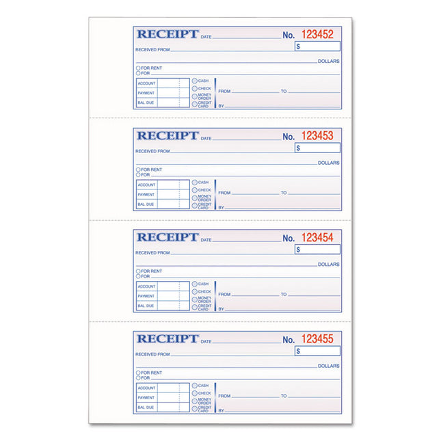 Multipart Money/Rent Receipt Book, Casebound (Hard Cover), Three-Part Carbonless, 7 x 2.75, 4 Forms/Sheet, 200 Forms Total