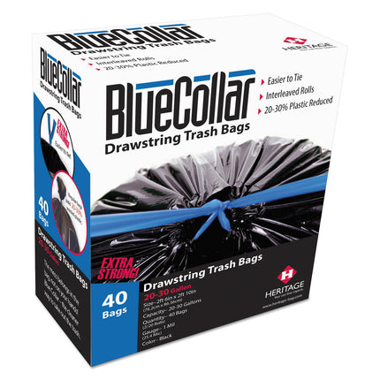Drawstring Trash Bags, Drawstring, 30 gal, 1 mil, 30" x 34", Black, 20 Bags/Roll, 2 Rolls/Box