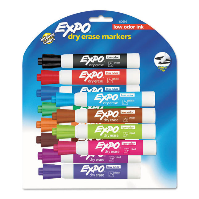 Low-Odor Dry-Erase Marker, Broad Chisel Tip, Assorted Colors, 12/set