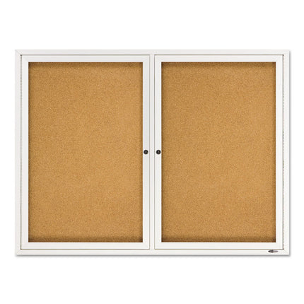 Enclosed Indoor Cork Bulletin Board with Two Hinged Doors, 48" x 36", Tan Surface, Satin Aluminum Frame