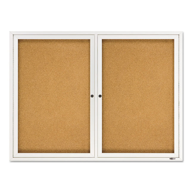 Enclosed Indoor Cork Bulletin Board with Two Hinged Doors, 48" x 36", Tan Surface, Satin Aluminum Frame