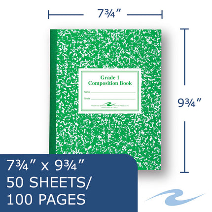 Grade School Ruled Composition Book, Grade 1 Manuscript Format, Green Marble Cover, (50) 9.75 x 7.75 Sheets