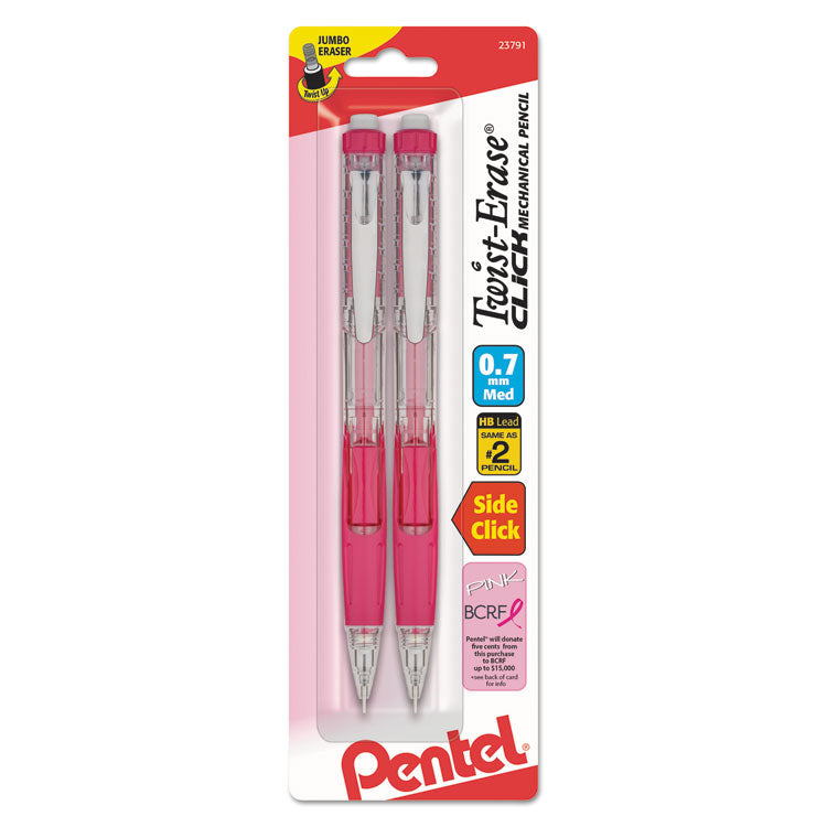 Twist-Erase CLICK Mechanical Pencil, Breast Cancer Awareness, 0.7 mm, HB (#2), Black Lead, Pink Barrel, 2/Pack