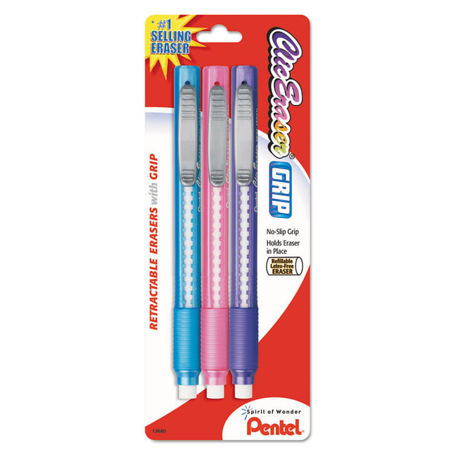 Clic Eraser Grip Eraser, For Pencil Marks, White Eraser, Randomly Assorted Barrel Colors (three-Colors), 3/pack