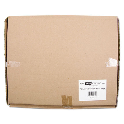 Flat Lanyard, Metal Hook Fastener, 36", Nylon, Black, 100/Pack