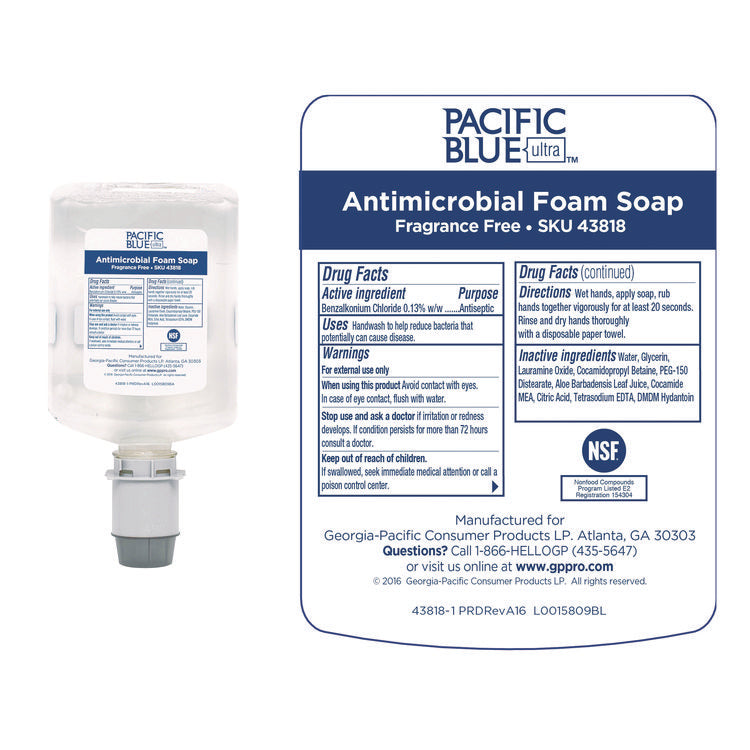Pacific Blue Ultra Foam Soap Manual Dispenser Refill, Antimicrobial, Unscented, 1,200 mL, 4/Carton