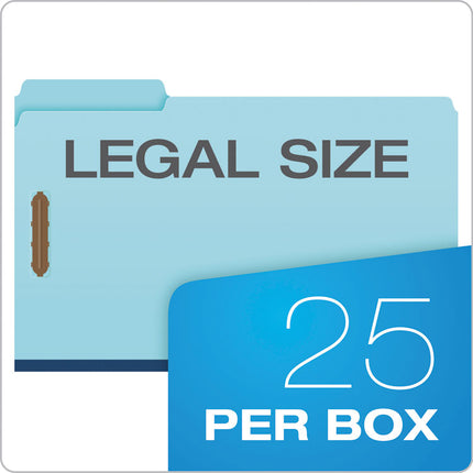Heavy-Duty Pressboard Folders with Embossed Fasteners, 1/3-Cut Tabs, 1" Expansion, 2 Fasteners, Legal Size, Blue, 25/Box