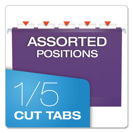 Colored Reinforced Hanging Folders, Letter Size, 1/5-Cut Tabs, Violet, 25/Box