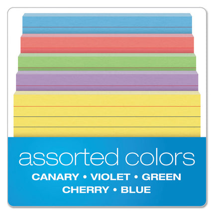 Ruled Index Cards, 3 X 5, Blue/violet/canary/green/cherry, 100/pack
