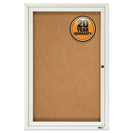 Enclosed Indoor Cork Bulletin Board with One Hinged Door, 24" x 36", Tan Surface, Satin Aluminum Frame