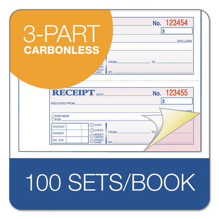 Receipt Book, Three-Part Carbonless, 7.19 x 2.75, 4 Forms/Sheet, 100 Forms Total