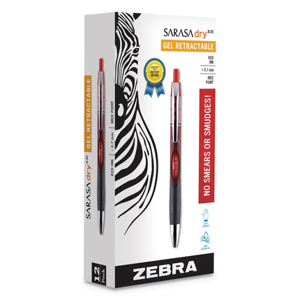 Sarasa Dry Gel X30 Gel Pen, Retractable, Medium 0.7 mm, Red Ink, Red/Black/Silver Barrel, 12/Pack
