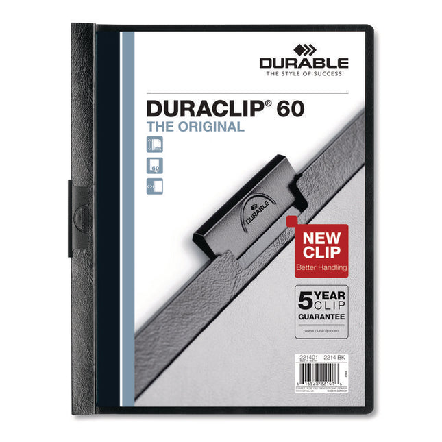 DuraClip Report Cover, Clip Fastener, 8.5 x 11, Holds 60 Sheets, Clear/Black, 25/Box
