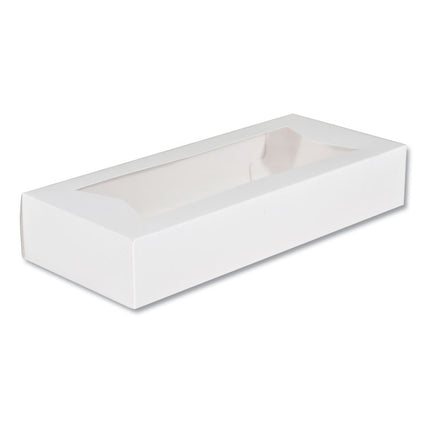 White Window Bakery Boxes with Attached Flip Top, 4-Corner Beers Design, 12.5 x 5.5 x 2.25, White, Paper, 200/Carton