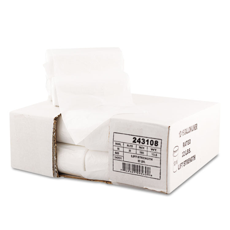 High-Density Can Liners, 16 gal, 7 mic, 24" x 31", Natural, Perforated Roll, 50 Bags/Roll, 20 Rolls/Carton