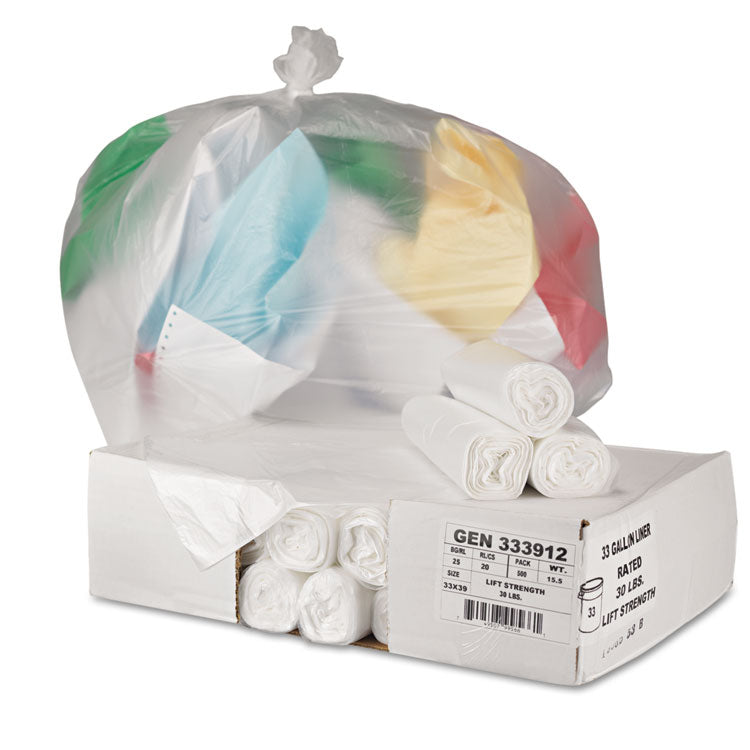 High-Density Can Liners, 33 gal, 9 mic, 33" x 39", Natural, Perforated Roll, 25 Bags/Roll, 20 Rolls/Carton
