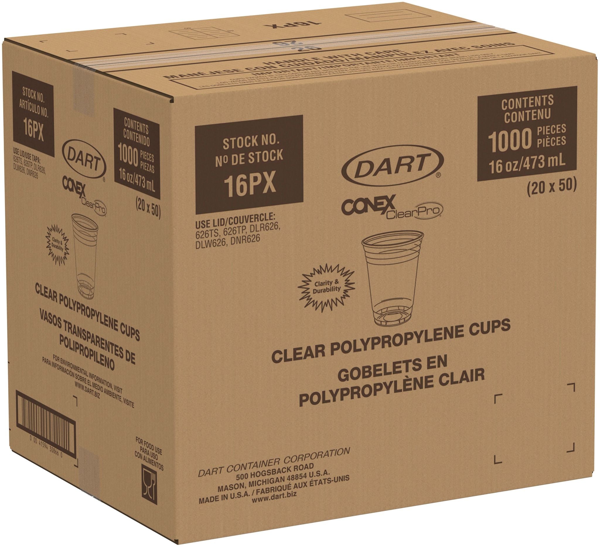 Dart Conex Pro Polypropylene Cold Cup 16 oz, Clear 20 / 50 cs