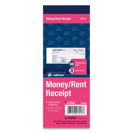 Receipt Book, Three-Part Carbonless, 2.75 x 7.19, 50 Forms Total