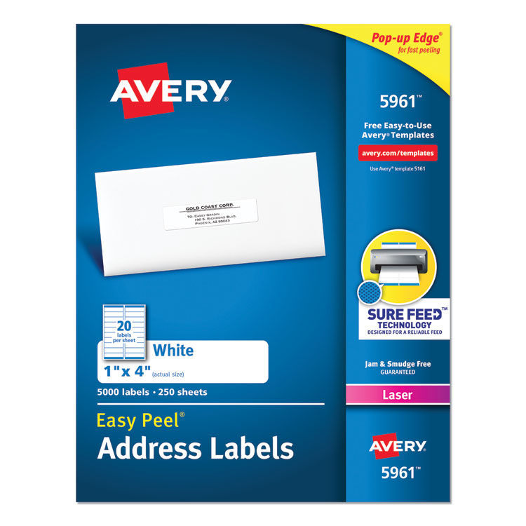 Easy Peel White Address Labels W/ Sure Feed Technology, Laser Printers, 1 X 4, White, 20/sheet, 250 Sheets/box