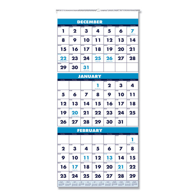 Recycled Three-Month Format Wall Calendar, Vertical Orientation, 12.25 x 26, White Sheets, 14-Month: Dec 2024 to Jan 2026