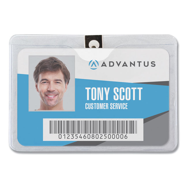 ID Badge Holders with Clip, Horizontal, Clear 4.13" x 3.38" Holder, 3.75" x 2.75" Insert, 50/Pack