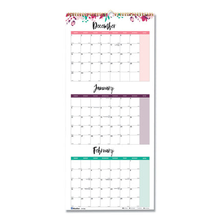 3-Month Wall Calendar, Colorful Leaves Artwork, 12.25 x 27, White/Multicolor Sheets, 14-Month (Dec to Jan): 2025