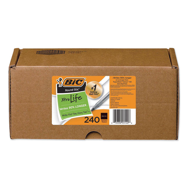 Round Stic Xtra Life Ballpoint Pen Xtra Value Pack, Stick, Medium 1 mm, Black Ink, Translucent Frost Barrel, 240/Carton