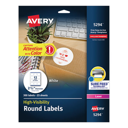 Permanent Laser Print-To-The-Edge Id Labels W/surefeed, 2 1/2"dia, White, 300/pk