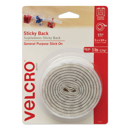Sticky-Back Fasteners With Dispenser, Removable Adhesive, 0.75" X 5 Ft, White