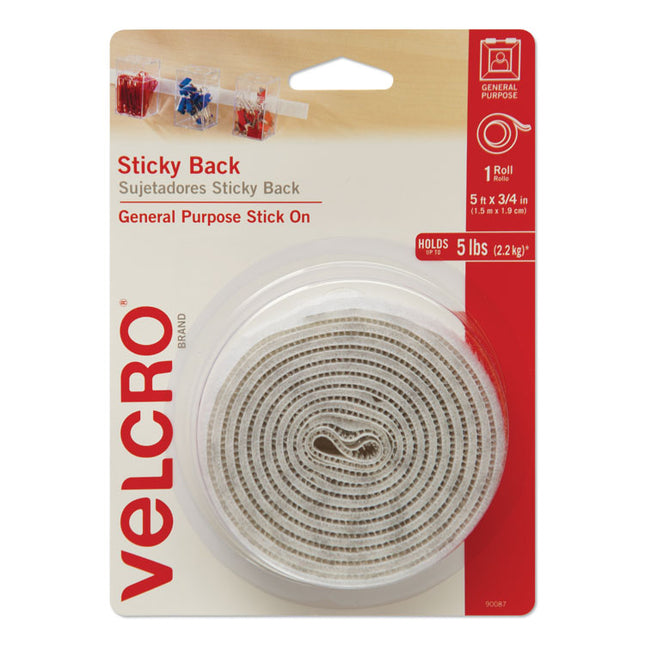 Sticky-Back Fasteners With Dispenser, Removable Adhesive, 0.75" X 5 Ft, White