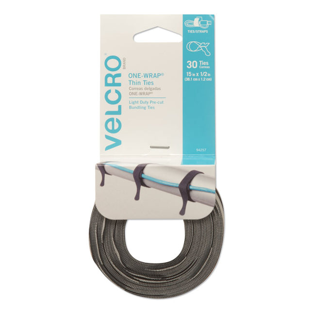 One-Wrap Pre-Cut Thin Ties, 0.5" X 15", Black/gray, 30/pack