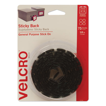 Sticky-Back Fasteners, Removable Adhesive, 0.63" Dia, Black, 75/pack