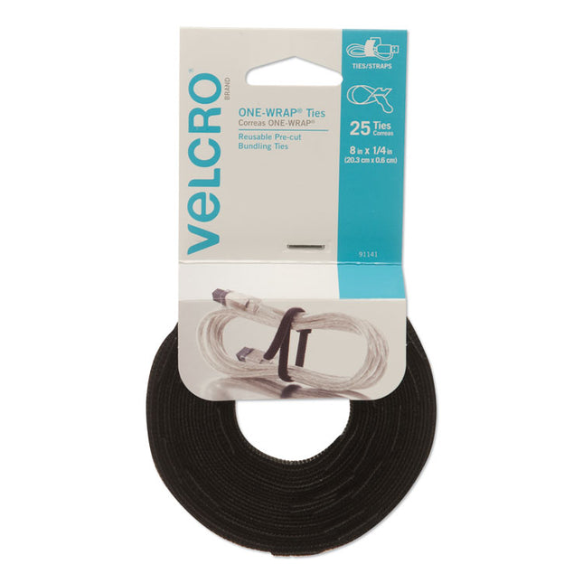 One-Wrap Pre-Cut Thin Ties, 0.25" X 8", Black, 25/pack