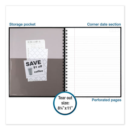 Hardbound Notebook with Pocket, 1-Subject, Wide/Legal Rule, Black Cover, (96) 11 x 8.5 Sheets