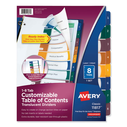 Customizable Table Of Contents Ready Index Dividers With Multicolor Tabs, 8-Tab, 1 To 8, 11 X 8.5, Translucent, 1 Set
