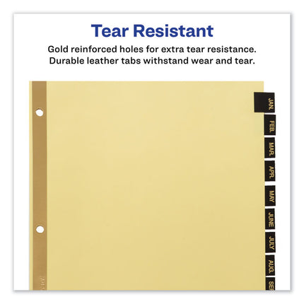 Preprinted Black Leather Tab Dividers w/Gold Reinforced Edge, 12-Tab, Jan. to Dec., 11 x 8.5, Buff, 1 Set